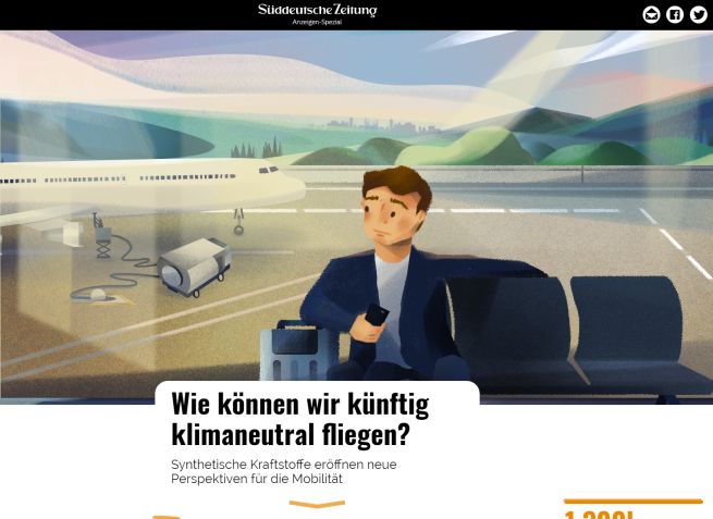 Eine Illustration: ein Mann sitz mit einem Handy in der Hand wartend und durch das Fenster dahinter ist das Vorfeld eines Flughafenterminals zu sehen.