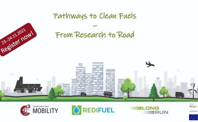 Eine Zeichnung mit Häuser Bäumen und Wiese, Lkw, Pkw und Flugzeug sowie der Logos der Forschungsprojekte und Fördergeber.