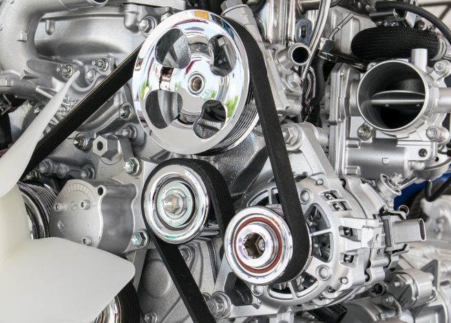 Ein silberner Motorblock mit Metallrädern, auf denen schwarze Keilriemen laufen.